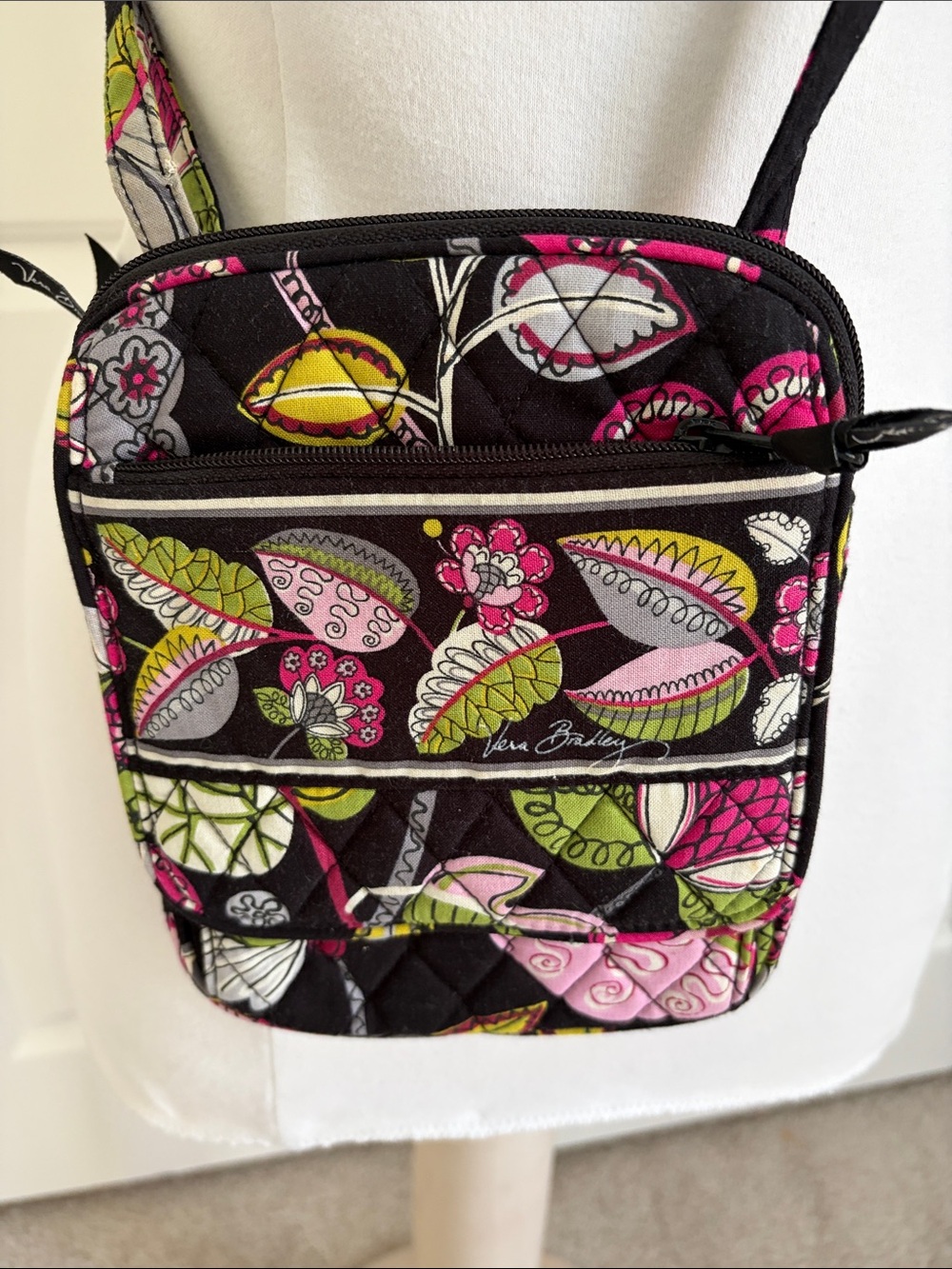 Vera Bradley Black Floral Crossbody Bag - Pink & Green Print